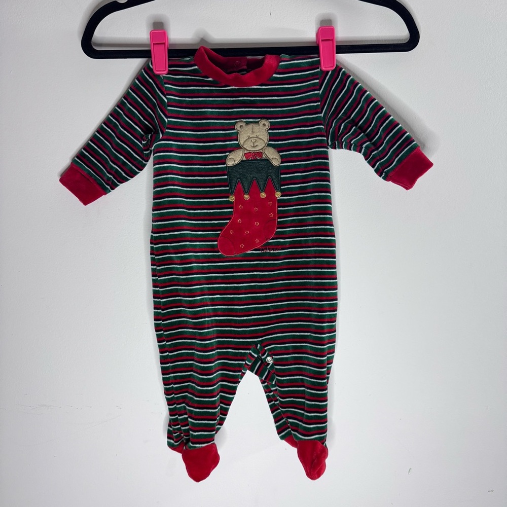 OshKosh Baby Christmas Teddy Bear Stocking Velour Footed Sleeper 0-3M Vintage